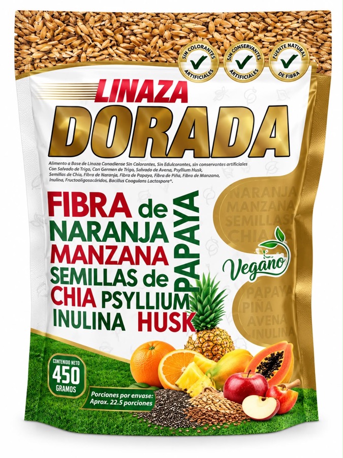 Linaza dorada con fibras de frutas, semillas de chía y psyllium en doypack de 450 g