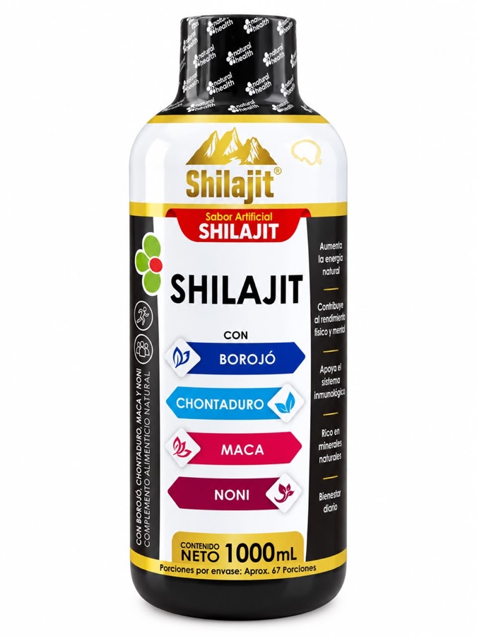 Bebida de shilajit con borojó, chontaduro, maca y noni en botella de 1000 mL